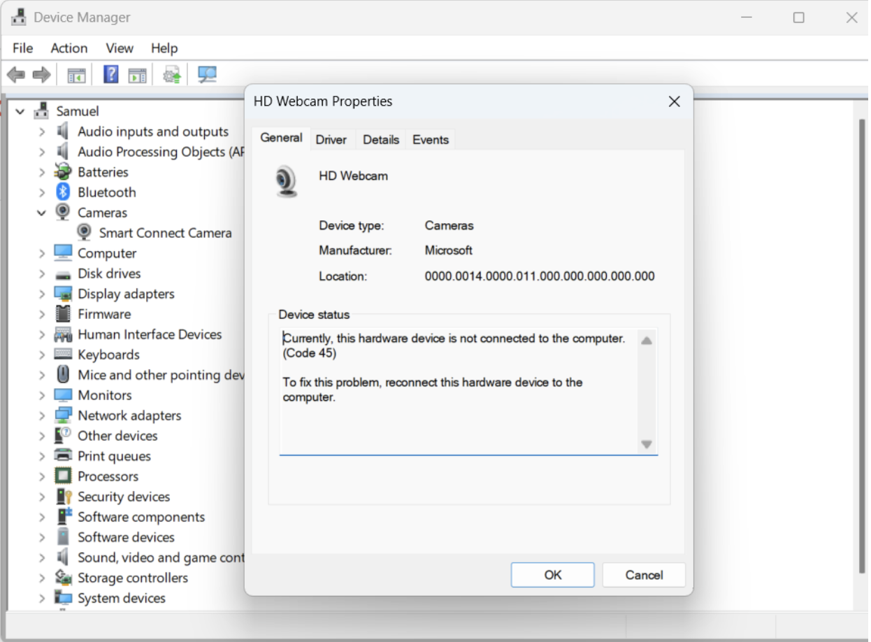 What to do if Webcam shows Code 45